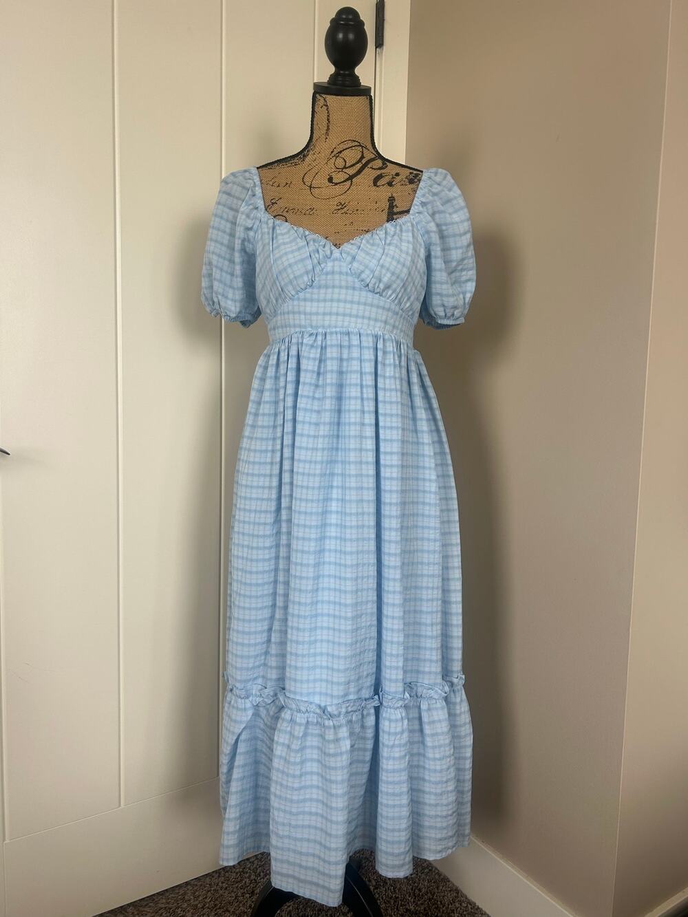 By The River Blue Plaid Smocked Boho Cottage Core Tiered Ruffle Dress Size S
